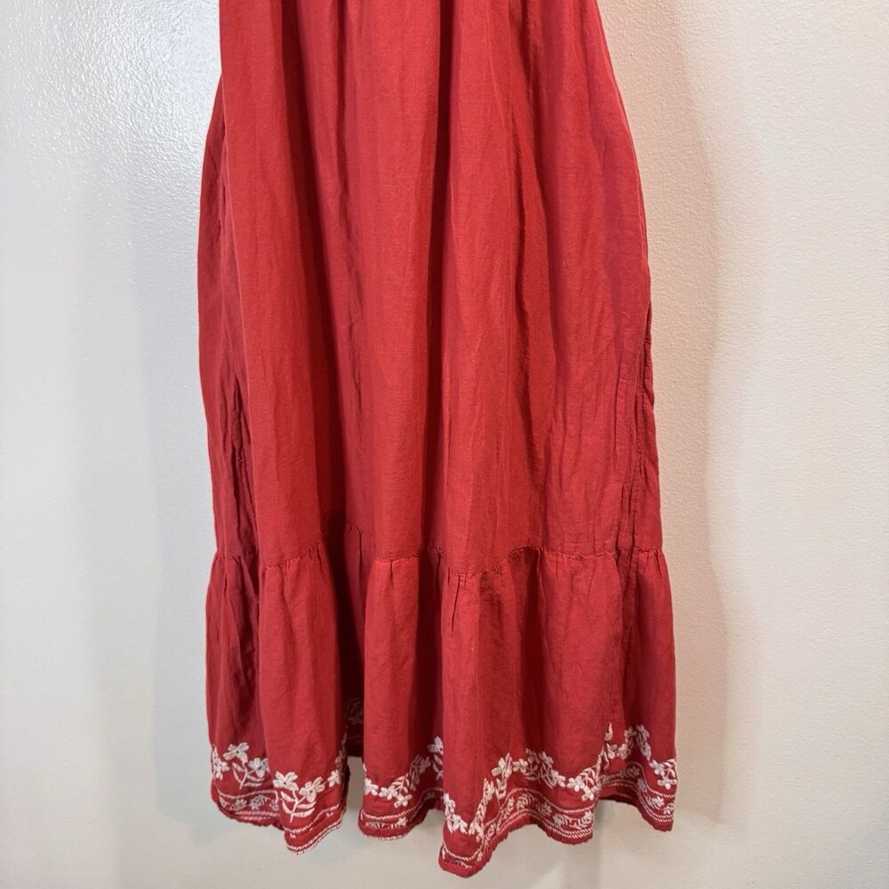 Old Navy Shirt Dress S Midi Smocked Embroidered Prairie Milkmaid Red White Boho - Picture 4 of 12